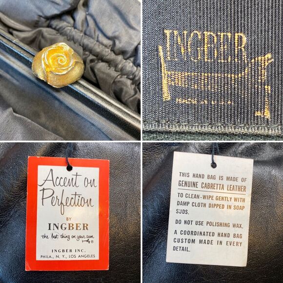 VTG 60s Ingber & Co. Black Cabretta Leather Handbag Gold Rose Clasp Retro USA - Picture 7 of 11